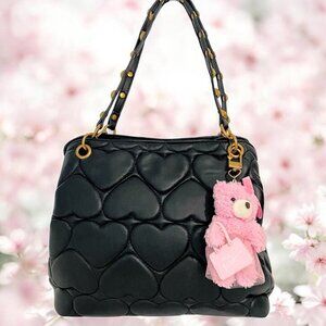 Betsey Johnson Black Heart Quilted Satchel Handbag Purse With Pink Bear Charm